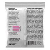 Ernie Ball guitar string packaging with product details and branding on a white background