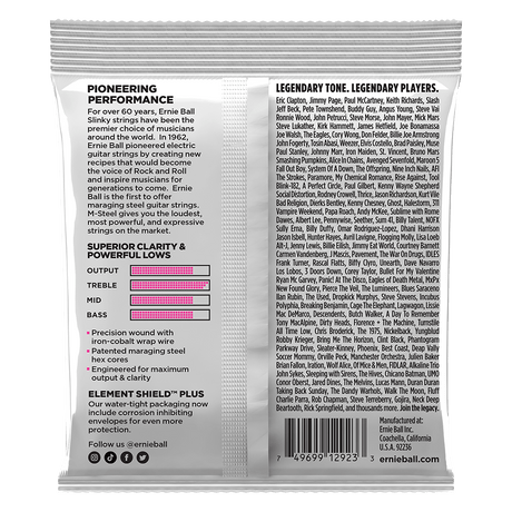 Ernie Ball guitar string packaging with product details and branding on a white background