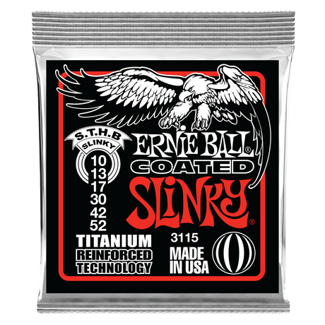 Ernie Ball guitar string packaging with an eagle illustration on a black background