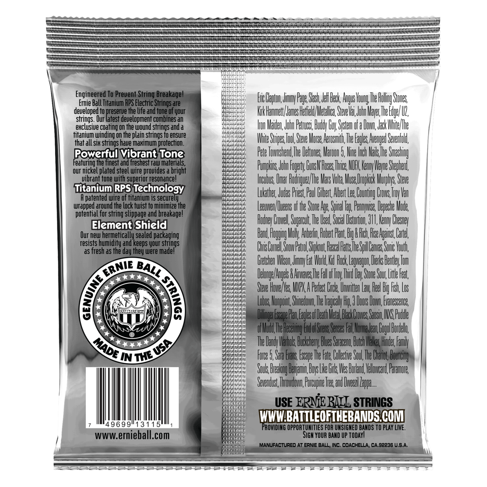 Ernie Ball guitar string packaging with product details and branding.