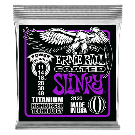 Ernie Ball guitar string packaging with an eagle illustration on a black background
