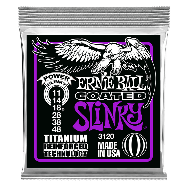Ernie Ball guitar string packaging with an eagle illustration on a black background