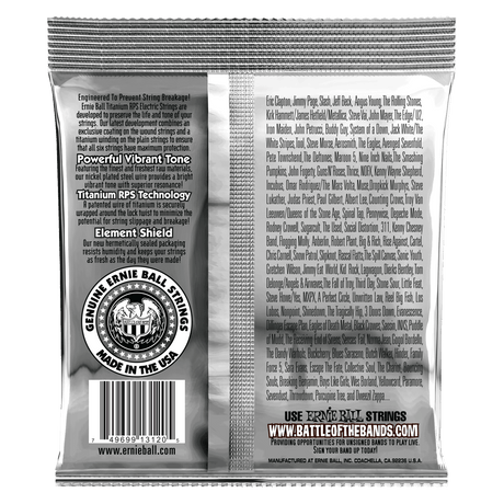 Ernie Ball electric guitar strings packaging with brand details on a black background