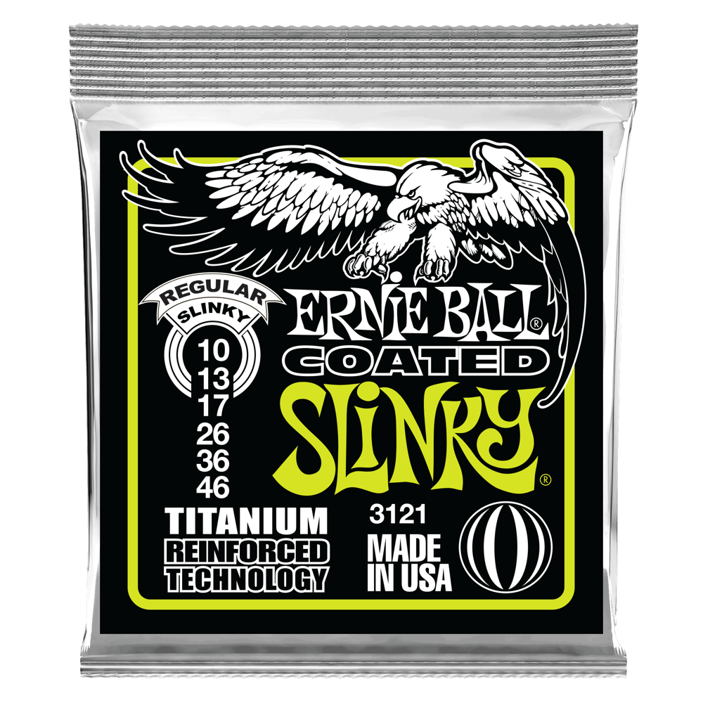 Ernie Ball guitar string pack with eagle logo on a black background