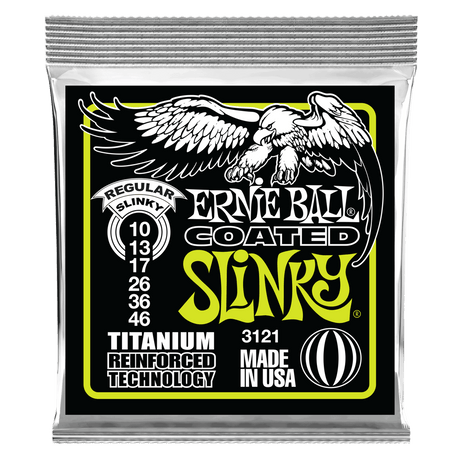 Ernie Ball guitar string pack with eagle logo on a black background