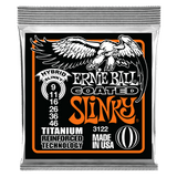 Ernie Ball guitar string pack with eagle logo on a black background