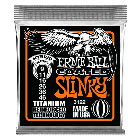 Ernie Ball guitar string pack with eagle logo on a black background