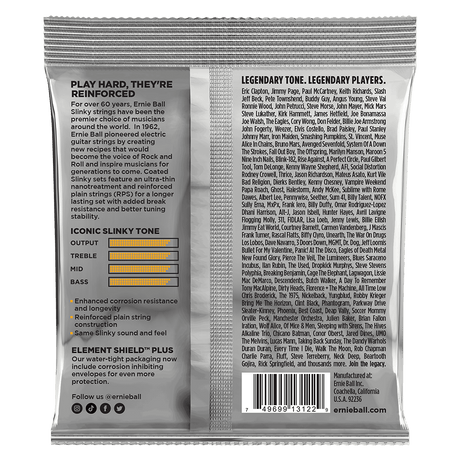 Ernie Ball guitar string packaging with product details and branding.