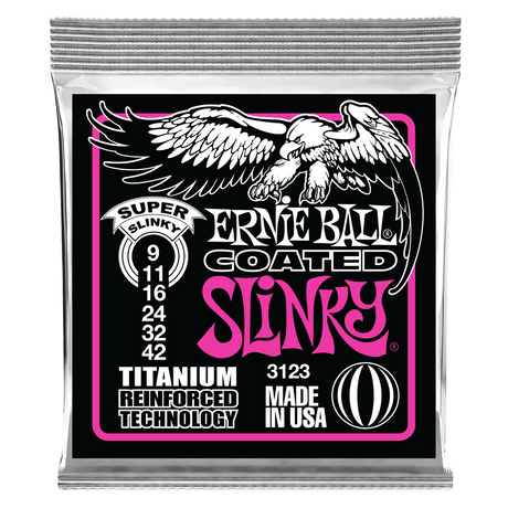 Ernie Ball guitar string packaging with an eagle illustration on a black background