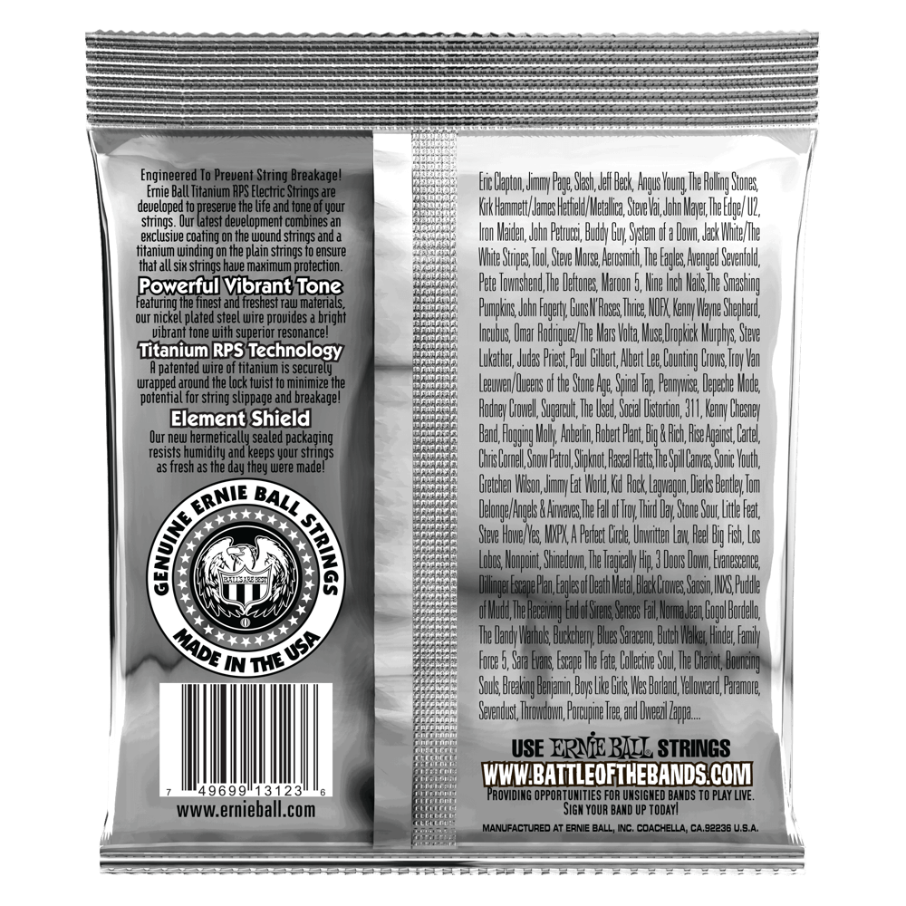 Ernie Ball guitar string packaging with brand logo and product details on a white background