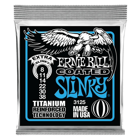 Ernie Ball guitar string packaging with an eagle illustration on a black background