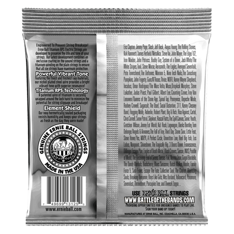 Ernie Ball guitar string packaging with product details and branding on a black background