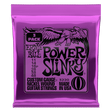 Purple packaging of Ernie Ball Power Slinky guitar strings on a black background