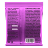 Purple guitar string packaging with text and a barcode on a black background