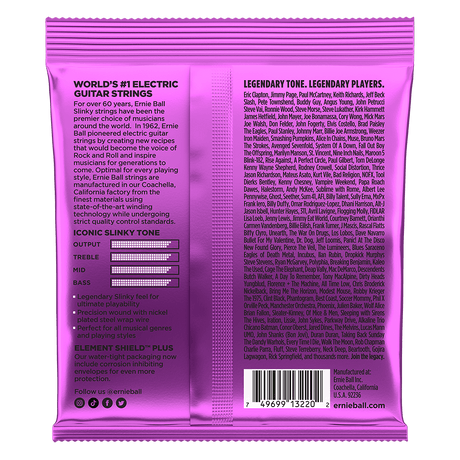 Purple guitar string packaging with text and a barcode on a black background