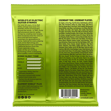 Back of a guitar string packaging with text and product details on a green background