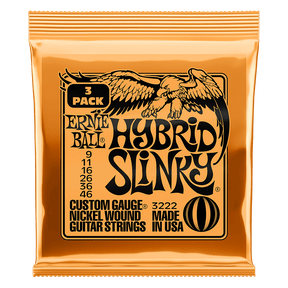 Ernie Ball Hybrid Slinky guitar strings packaging on a black background