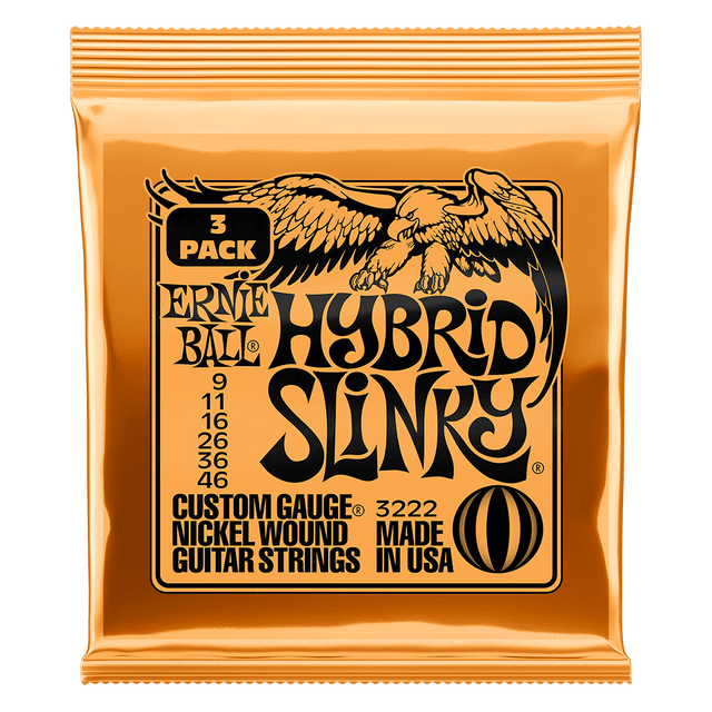 Ernie Ball Hybrid Slinky guitar strings packaging on a black background