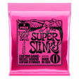 Pink packaging of Ernie Ball Super Slinky guitar strings on a black background