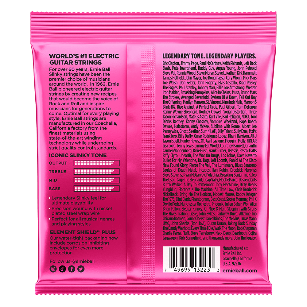 Pink guitar string packaging with text and branding