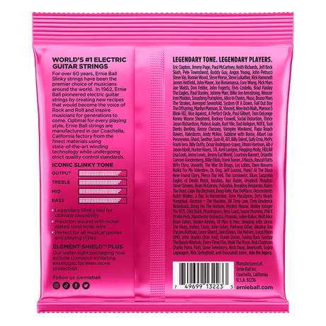 Pink guitar string packaging with text and branding