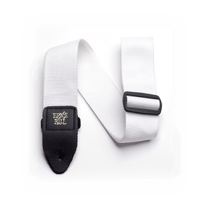 White guitar strap with black Ernie Ball logo on a white background