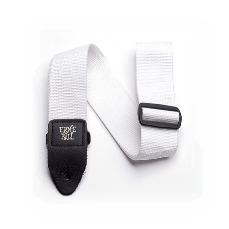 White guitar strap with black Ernie Ball logo on a white background