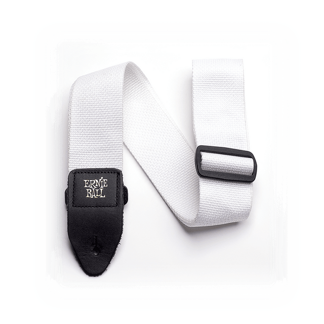 White guitar strap with black Ernie Ball logo on a white background