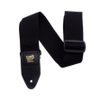 Black guitar strap with Ernie Ball logo on a black background