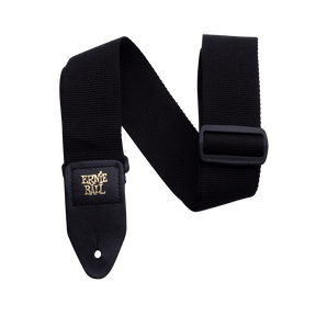 Black guitar strap with Ernie Ball logo on a black background