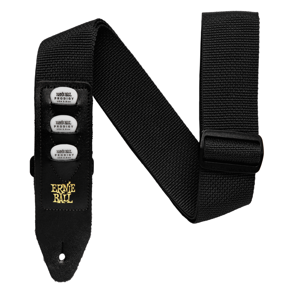 Black guitar strap picks in pick holders and with Ernie Ball logo on a white background