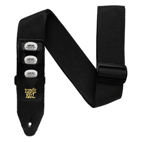 Black guitar strap picks in pick holders and with Ernie Ball logo on a white background