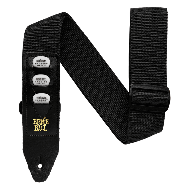 Black guitar strap picks in pick holders and with Ernie Ball logo on a white background