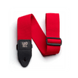 Red guitar strap with black buckle and gold Ernie Ball logo on a white background