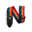 Ernie Ball guitar strap with rainbow pattern on a white background
