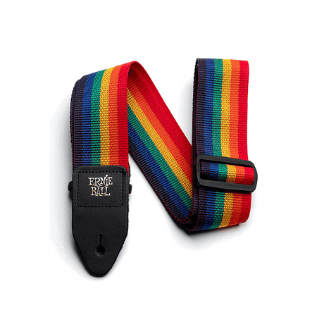 Ernie Ball guitar strap with rainbow pattern on a white background