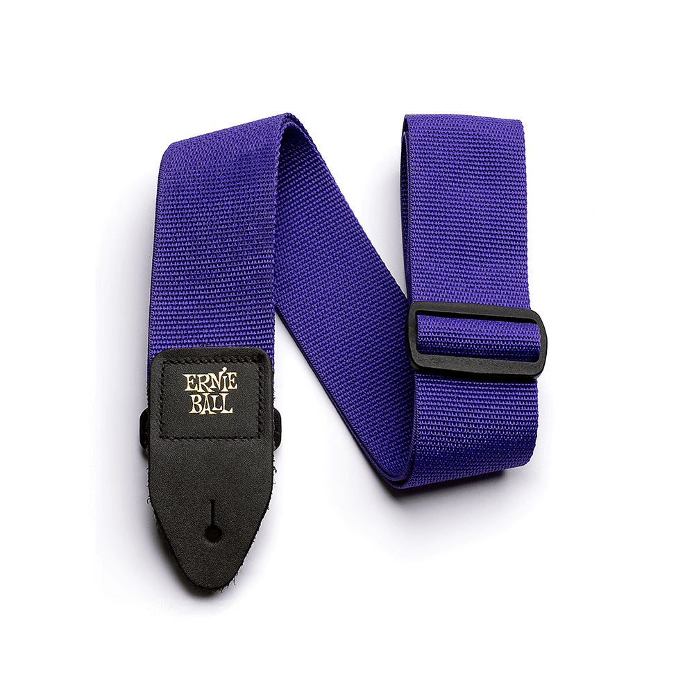Purple guitar strap with black Ernie Ball logo on a white background