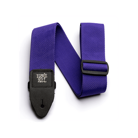 Purple guitar strap with black Ernie Ball logo on a white background
