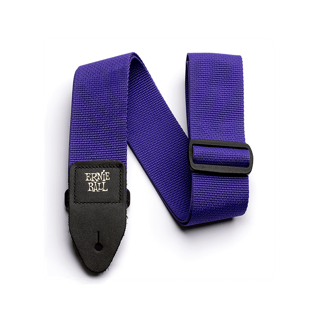 Purple guitar strap with black Ernie Ball logo on a white background