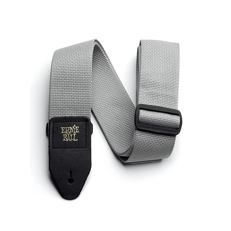 Gray guitar strap with black buckle and gold Ernie Ball logo on a white background