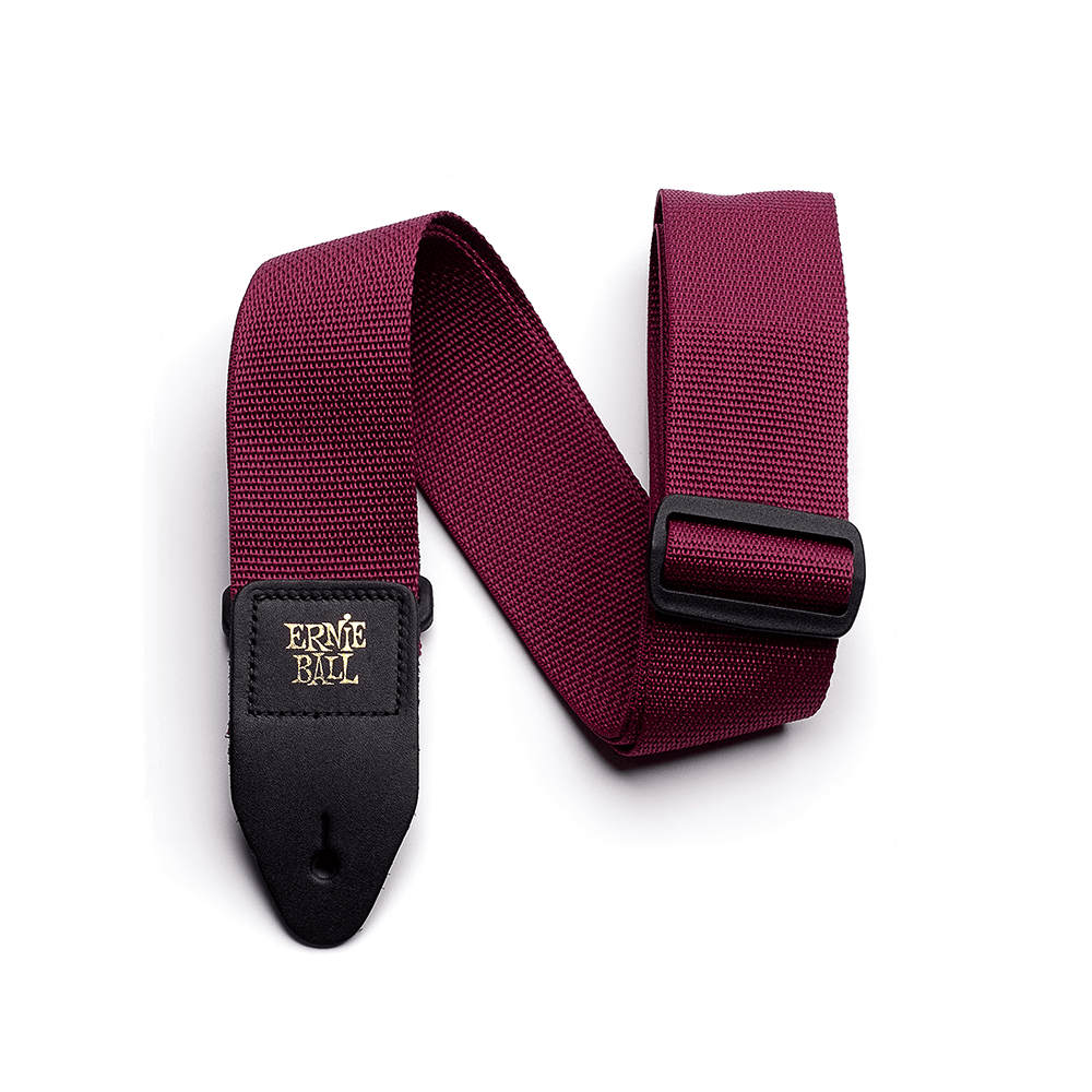 Burgundy guitar strap with black Ernie Ball logo on a white background