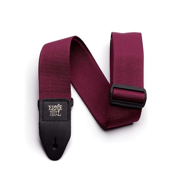 Burgundy guitar strap with black Ernie Ball logo on a white background