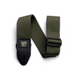 Green guitar strap with black buckle and gold Ernie Ball logo on a white background