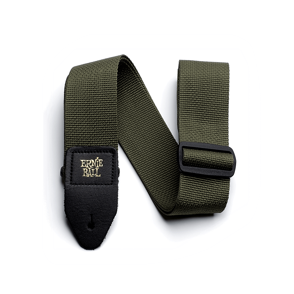 Green guitar strap with black buckle and gold Ernie Ball logo on a white background