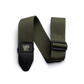 Green guitar strap with black buckle and gold Ernie Ball logo on a white background