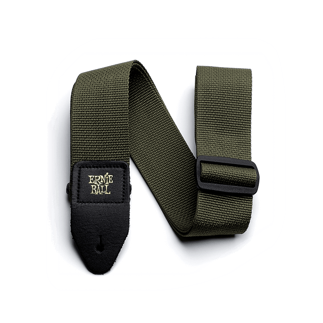 Green guitar strap with black buckle and gold Ernie Ball logo on a white background