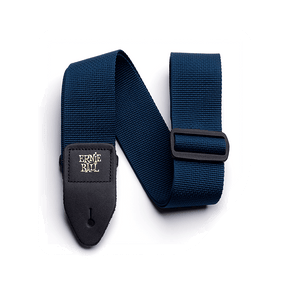 Blue guitar strap with Ernie Ball logo on a white background