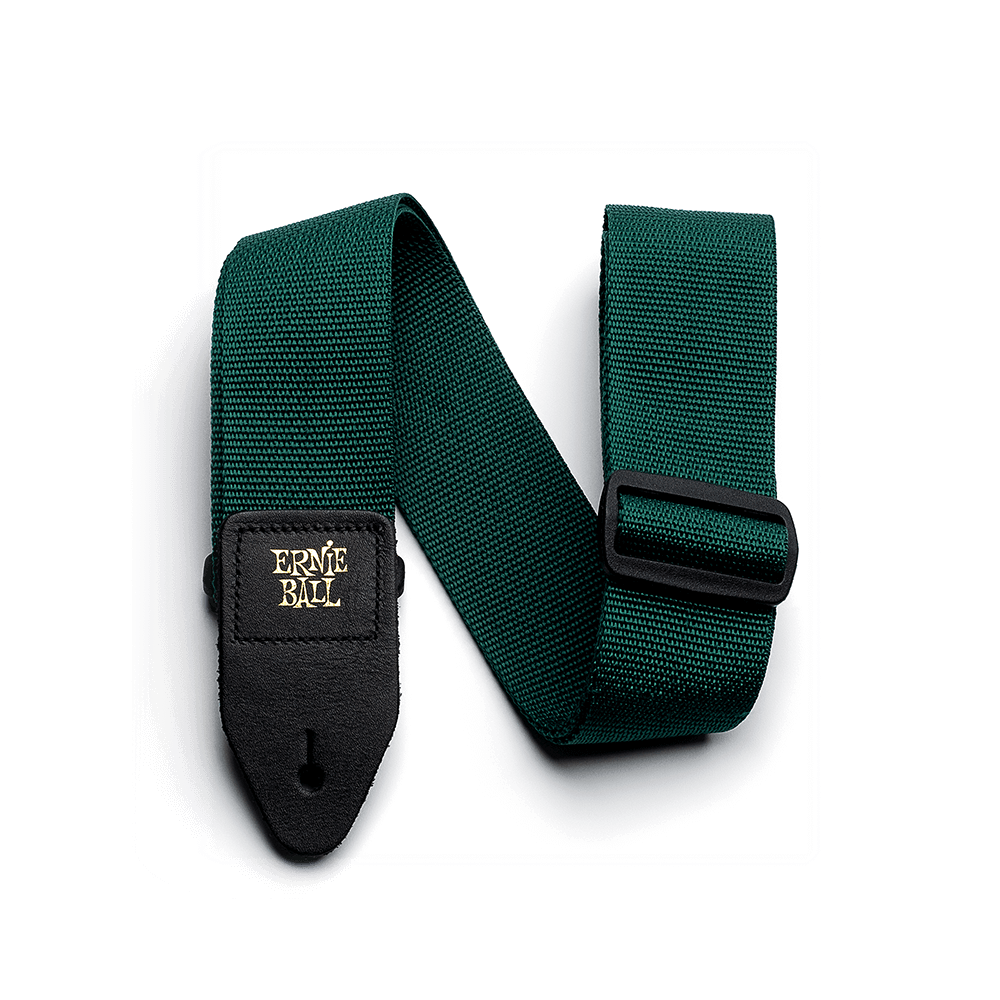 Green guitar strap with black buckle on a white background