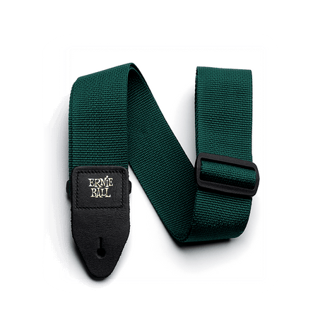 Green guitar strap with black buckle on a white background