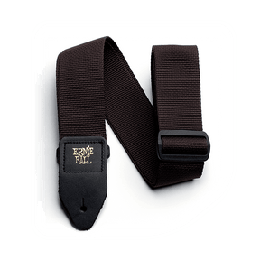 Brown guitar strap with Ernie Ball logo on a white background